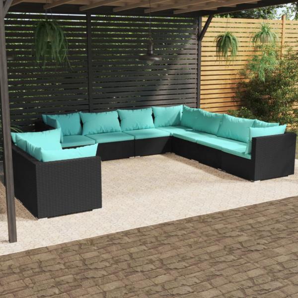 ARDEBO.de - 9-tlg. Garten-Lounge-Set mit Kissen Schwarz Poly Rattan