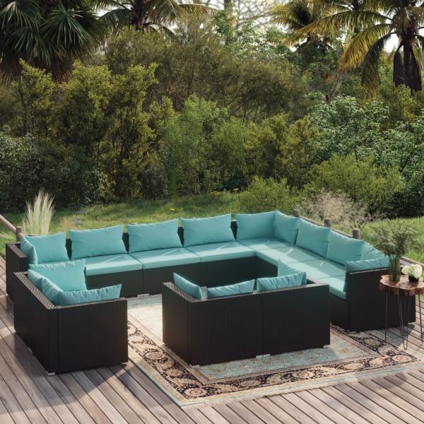 ARDEBO.de - 12-tlg. Garten-Lounge-Set mit Kissen Schwarz Poly Rattan