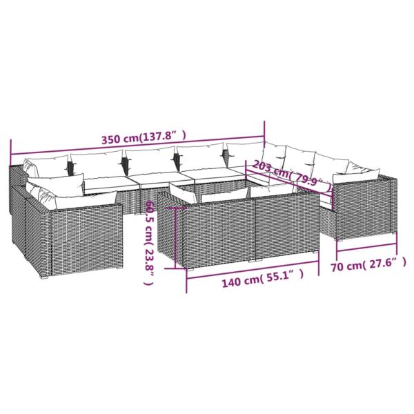 12-tlg. Garten-Lounge-Set mit Kissen Schwarz Poly Rattan