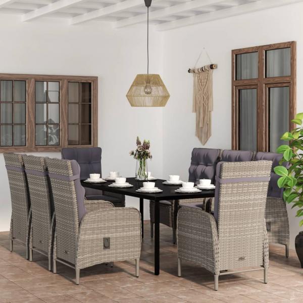 ARDEBO.de - 9-tlg. Garten-Essgruppe mit Auflagen Grau und Schwarz