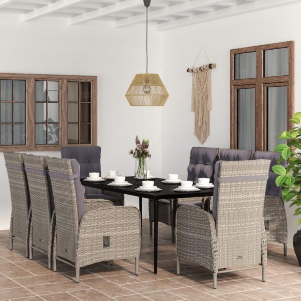 ARDEBO.de - 9-tlg. Garten-Essgruppe mit Auflagen Grau und Schwarz