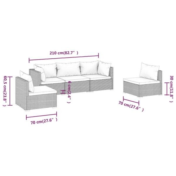5-tlg. Garten-Lounge-Set mit Kissen Poly Rattan Grau