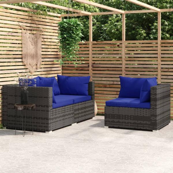 ARDEBO.de - 3-tlg. Garten-Lounge-Set mit Kissen Grau Poly Rattan