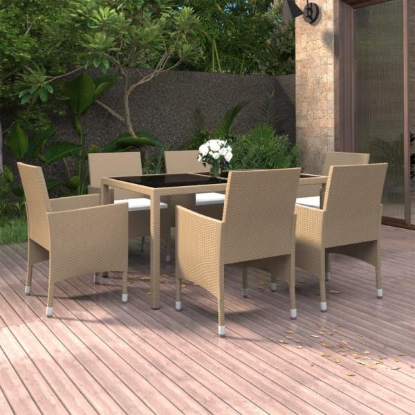 ARDEBO.de - 7-tlg. Garten-Essgruppe Poly Rattan und Hartglas Beige