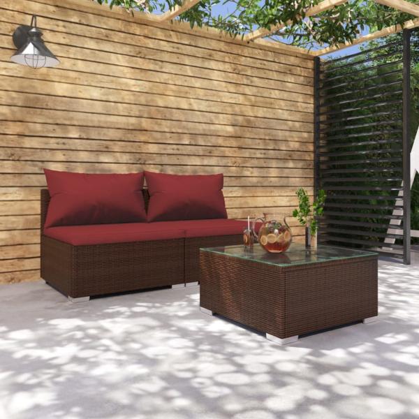 ARDEBO.de - 3-tlg. Garten-Lounge-Set mit Kissen Poly Rattan Braun