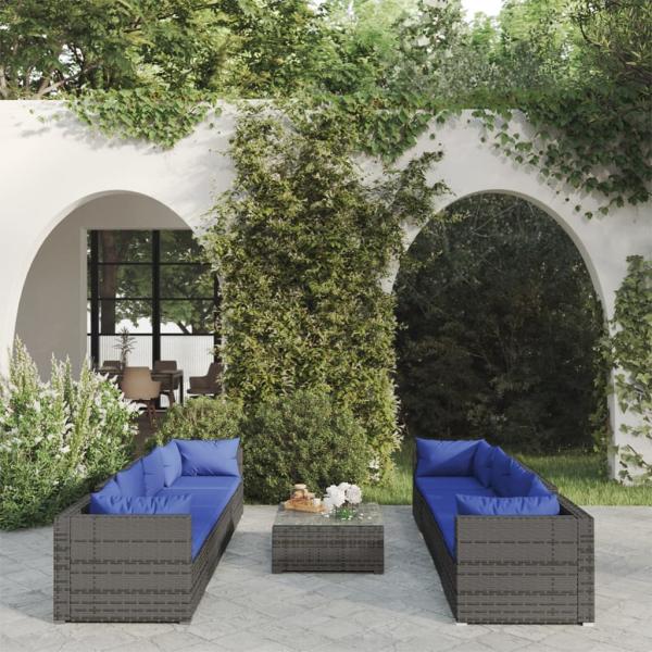 ARDEBO.de - 9-tlg. Garten-Lounge-Set mit Kissen Poly Rattan Grau