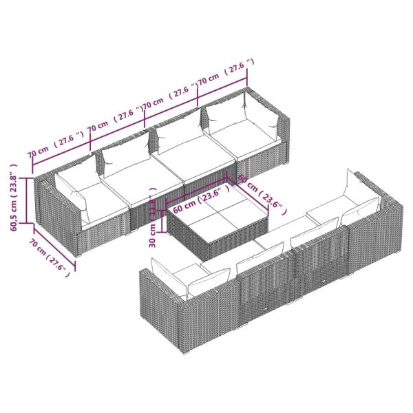 9-tlg. Garten-Lounge-Set mit Kissen Poly Rattan Grau