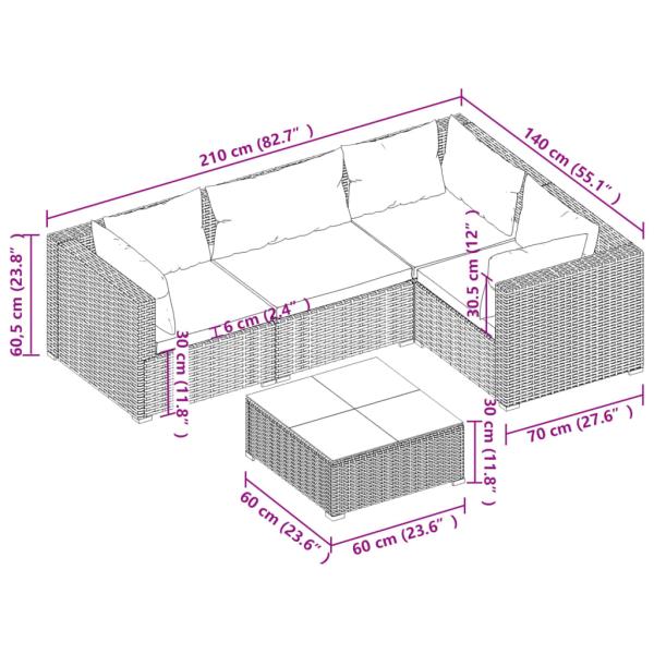 5-tlg. Garten-Lounge-Set mit Kissen Poly Rattan Braun