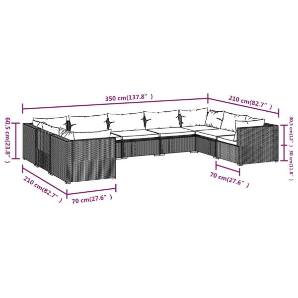 9-tlg. Garten-Lounge-Set mit Kissen Poly Rattan Grau