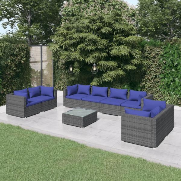 ARDEBO.de - 9-tlg. Garten-Lounge-Set mit Kissen Poly Rattan Grau