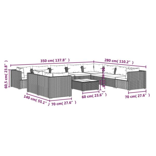 11-tlg. Garten-Lounge-Set mit Kissen Braun Poly Rattan