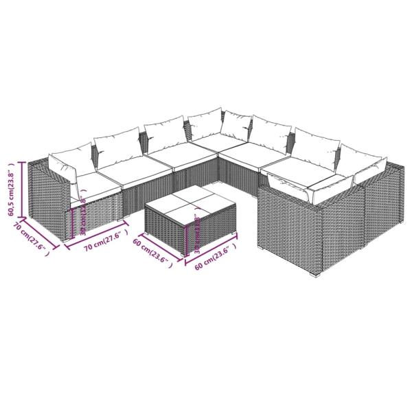 9-tlg. Garten-Lounge-Set mit Kissen Poly Rattan Grau