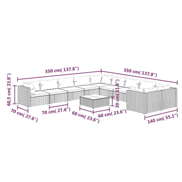 11-tlg. Garten-Lounge-Set mit Kissen Poly Rattan Braun
