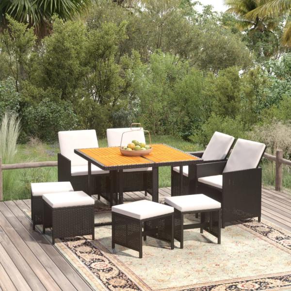ARDEBO.de - 9-tlg. Garten-Essgruppe mit Kissen Poly Rattan Schwarz
