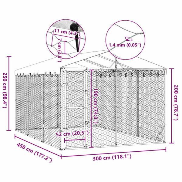 Outdoor-Hundezwinger mit Dach Silbern 3x4,5x2,5m Stahl Verzinkt