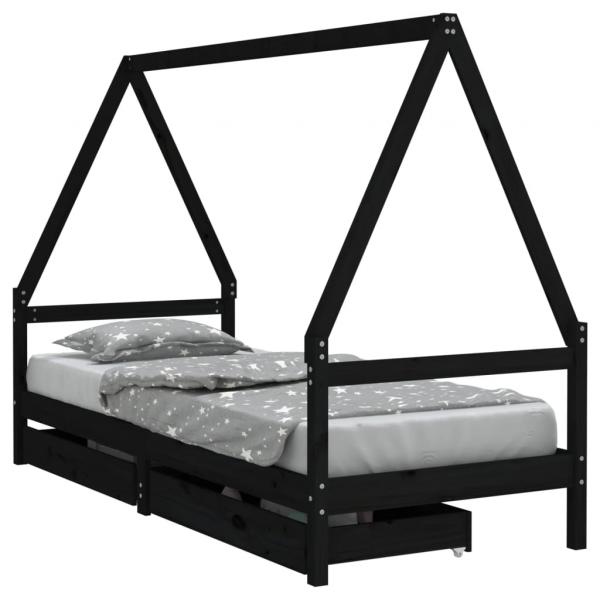 ARDEBO.de - Kinderbett mit Schubladen Schwarz 90x190 cm Massivholz Kiefer