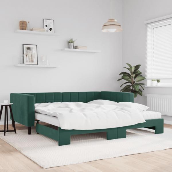 ARDEBO.de - Tagesbett Ausziehbar mit Matratzen Dunkelgrün 100x200 cm Samt