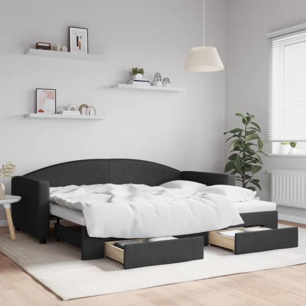 ARDEBO.de - Tagesbett Ausziehbar mit Schubladen Schwarz 90x200 cm Stoff