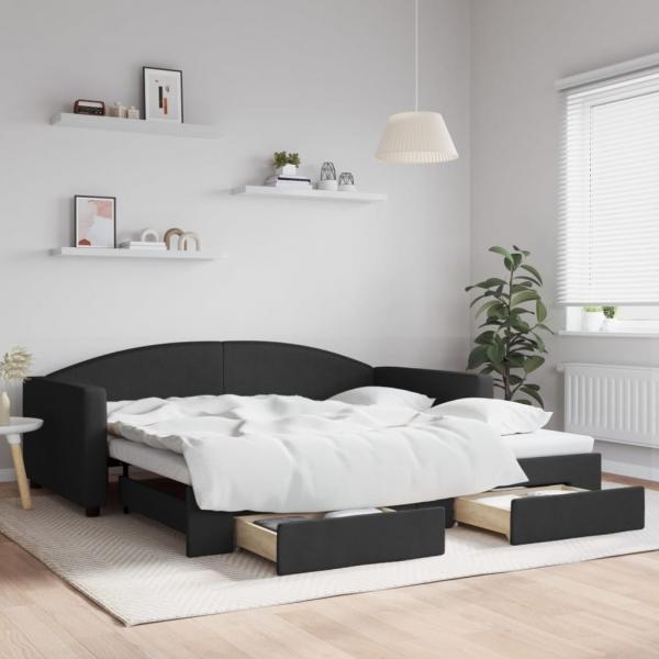 ARDEBO.de - Tagesbett Ausziehbar mit Schubladen Schwarz 100x200 cm Stoff