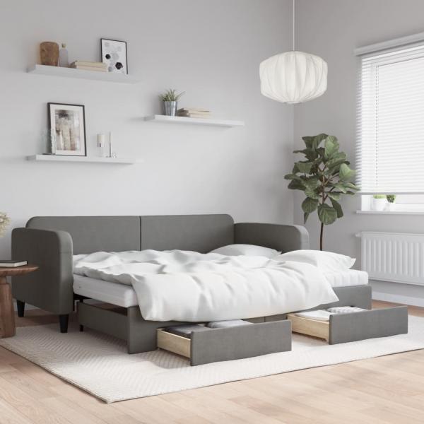 ARDEBO.de - Tagesbett Ausziehbar mit Schubladen Dunkelgrau 90x190 cm Stoff
