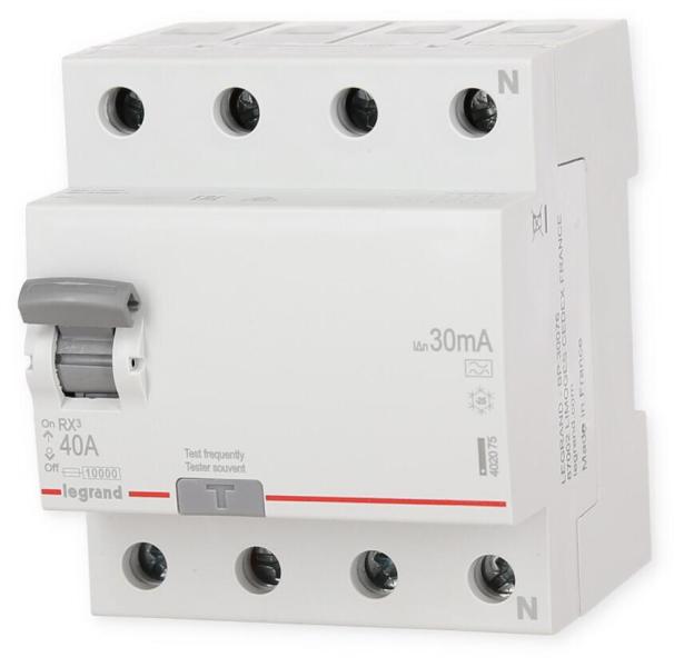 Legrand RX3 Fehlerstromschutzschalter 40A, 4-polig, 30mA, Typ A, 400VAC, 4TE (402075)