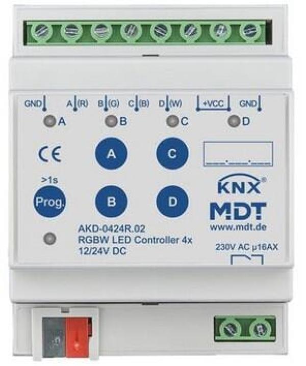 ARDEBO.de MDT AKD-0424R.02 LED Controller 4-Kanal, 4/8A, Reiheneinbaugerät, für 12/24V CV LED/ 4 einzelne Kanäle oder RGBW, TW
