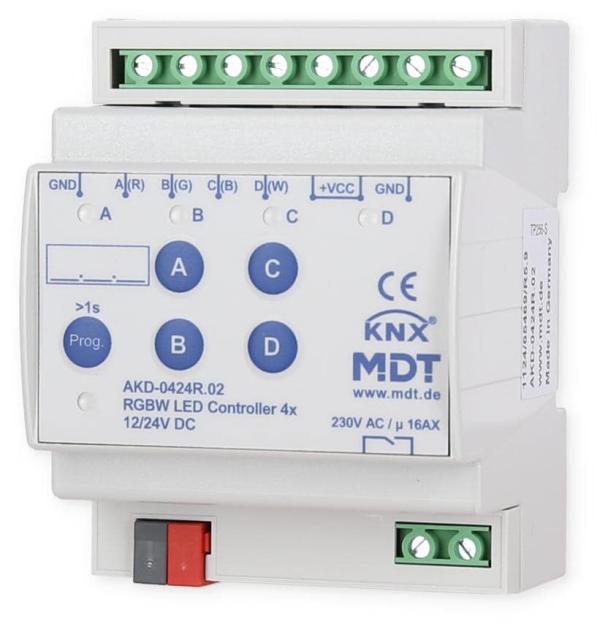 MDT AKD-0424R.02 LED Controller 4-Kanal, 4/8A, Reiheneinbaugerät, für 12/24V CV LED/ 4 einzelne Kanäle oder RGBW, TW