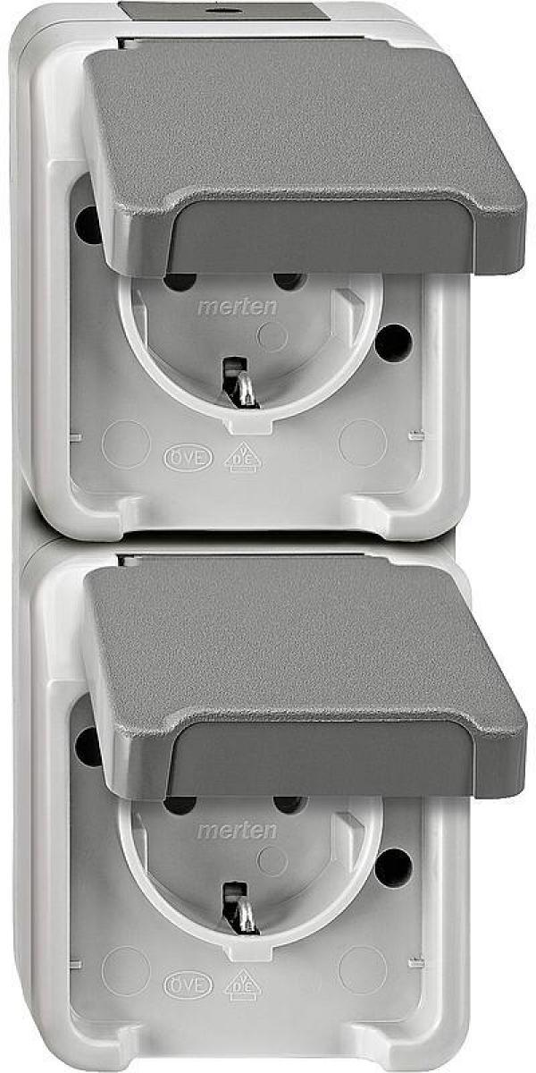ARDEBO.de Merten SCHUKO-Doppel-Steckdose, Aquastar, 16 A, AC 250 V, senkrecht angeordnet, Berührungsschutz, lichtgrau (MEG2328-8029)