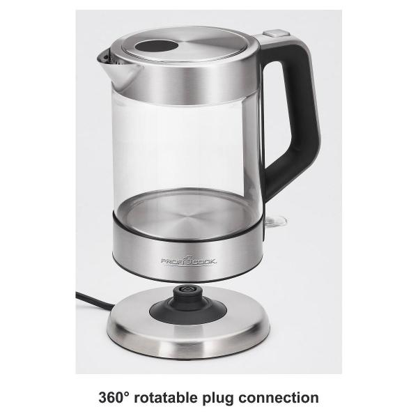 PC-WKS 1107 G Glas-Wasserkocher, 2200 W, 1,5 L, Sicherheitsglas, 360 ° Cordless, Überhitzungsschutz, edelstahl/Glas (501107)