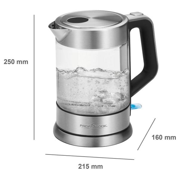 PC-WKS 1107 G Glas-Wasserkocher, 2200 W, 1,5 L, Sicherheitsglas, 360 ° Cordless, Überhitzungsschutz, edelstahl/Glas (501107)