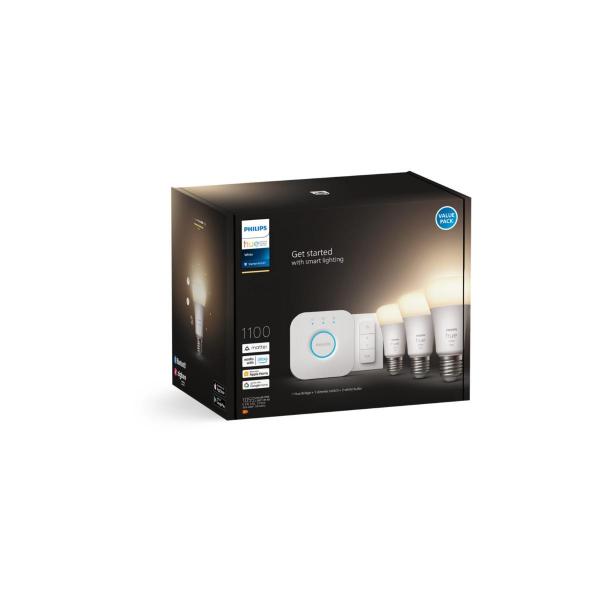 Philips Hue White Starter-Set, Lampe, 9,5W, E27, A60, 1100lm, Dimmschalter, Dreierpack, weiß (929002469204)