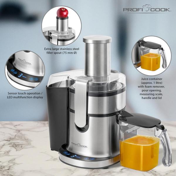 ProfiCook PC-AE 1156 Automatik-Entsafter, 800W, 5 Stufen, 1,8 L, Zentrifuge, Touch-Bedienfeld, inox (501156)