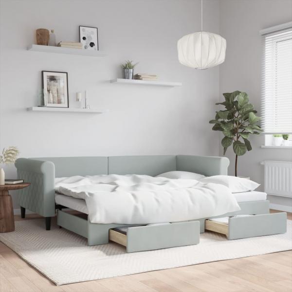 ARDEBO.de - Tagesbett Ausziehbar mit Schubladen Hellgrau 90x200 cm Samt