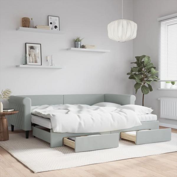 ARDEBO.de - Tagesbett Ausziehbar mit Schubladen Hellgrau 90x200 cm Samt