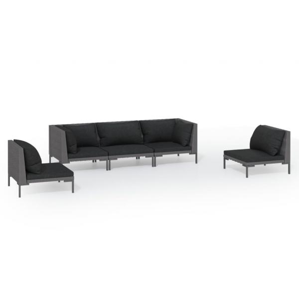 5-tlg. Garten-Lounge-Set mit Kissen Poly Rattan Dunkelgrau