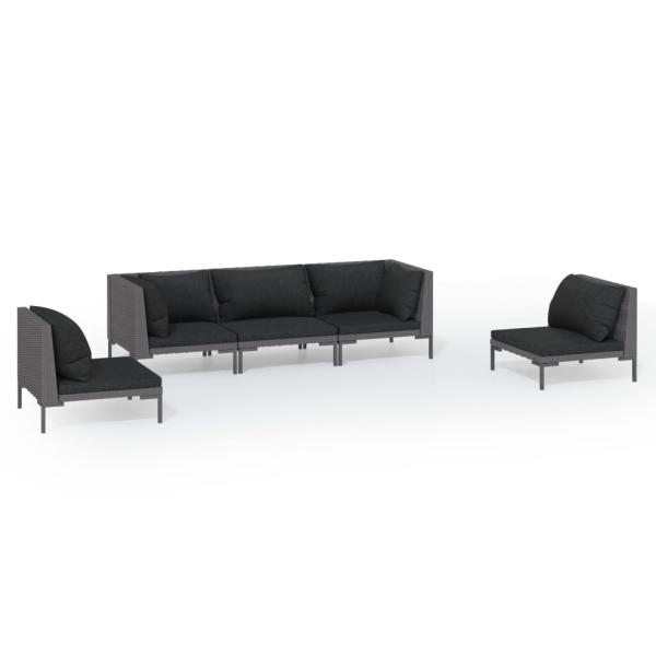 5-tlg. Garten-Lounge-Set mit Kissen Poly Rattan Dunkelgrau
