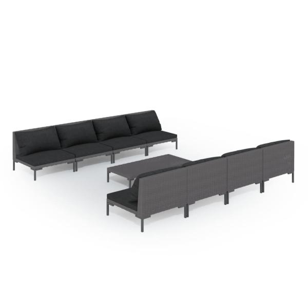 9-tlg. Garten-Lounge-Set mit Kissen Poly Rattan Dunkelgrau