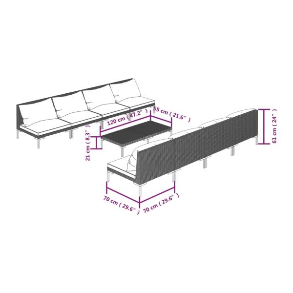 9-tlg. Garten-Lounge-Set mit Kissen Poly Rattan Dunkelgrau