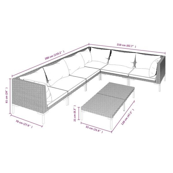 7-tlg. Garten-Lounge-Set mit Kissen Poly Rattan Dunkelgrau