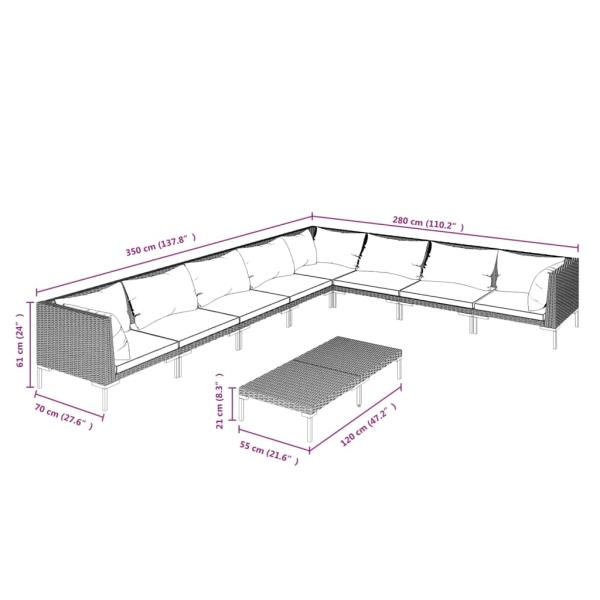 9-tlg. Garten-Lounge-Set mit Kissen Poly Rattan Dunkelgrau