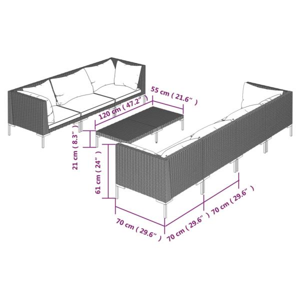 8-tlg. Garten-Lounge-Set mit Kissen Poly Rattan Dunkelgrau