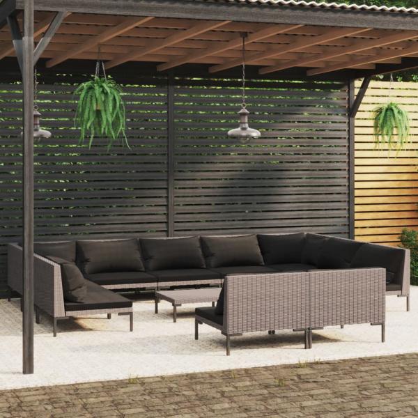 ARDEBO.de - 12-tlg. Garten-Lounge-Set mit Kissen Poly Rattan Dunkelgrau