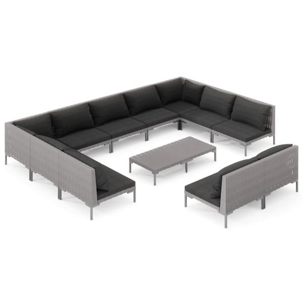 12-tlg. Garten-Lounge-Set mit Kissen Poly Rattan Dunkelgrau