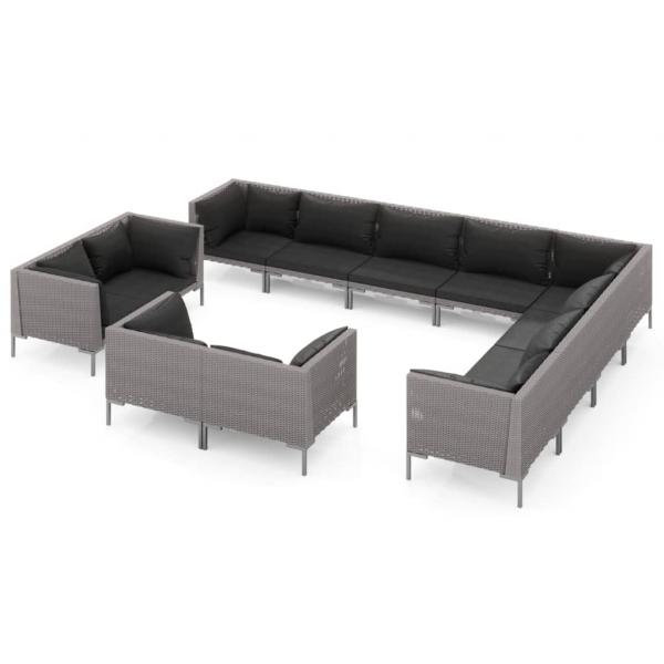 12-tlg. Garten-Lounge-Set mit Kissen Poly Rattan Dunkelgrau