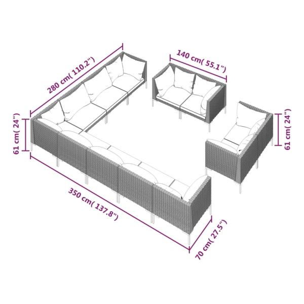 12-tlg. Garten-Lounge-Set mit Kissen Poly Rattan Dunkelgrau