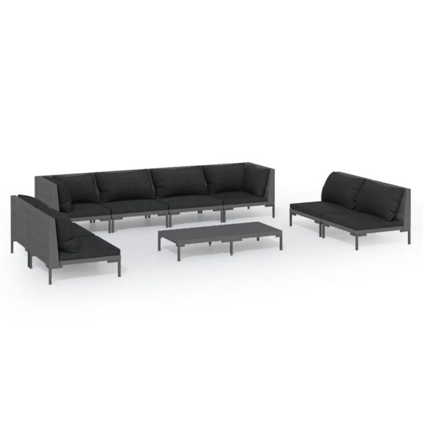 9-tlg. Garten-Lounge-Set mit Kissen Poly Rattan Dunkelgrau