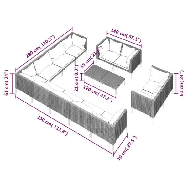13-tlg. Garten-Lounge-Set mit Kissen Poly Rattan Dunkelgrau