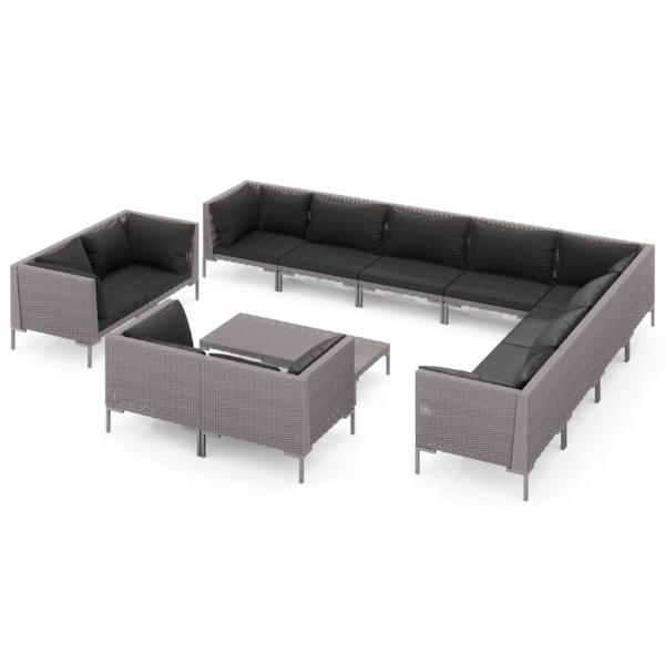 13-tlg. Garten-Lounge-Set mit Kissen Poly Rattan Dunkelgrau