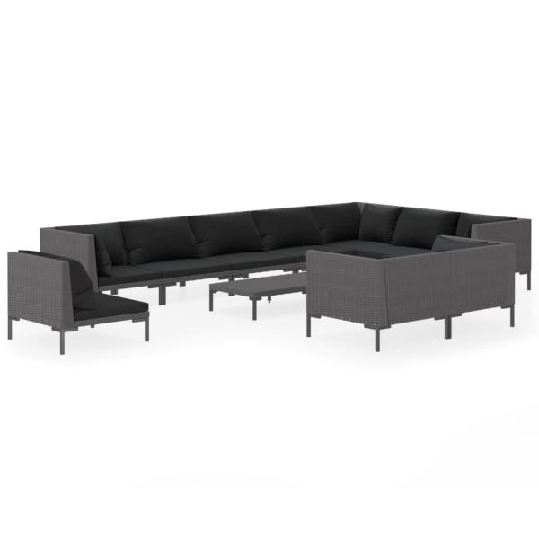 11-tlg. Garten-Lounge-Set mit Kissen Poly Rattan Dunkelgrau
