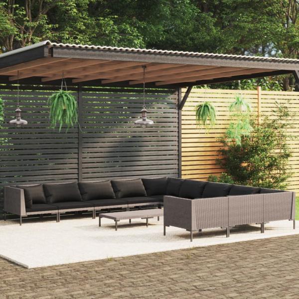 ARDEBO.de - 12-tlg. Garten-Lounge-Set mit Kissen Poly Rattan Dunkelgrau
